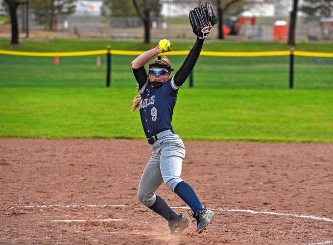 Franklin Tech’s Hannah Gilbert delivers a pitch against Hopkins Academy on Friday in Turners Falls.