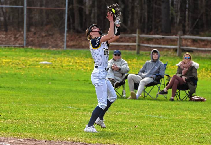 Hopkins Academy first baseman Alayna Bailey hauls in a pop up in foul territory during action against Franklin Tech on Friday in Turners Falls.