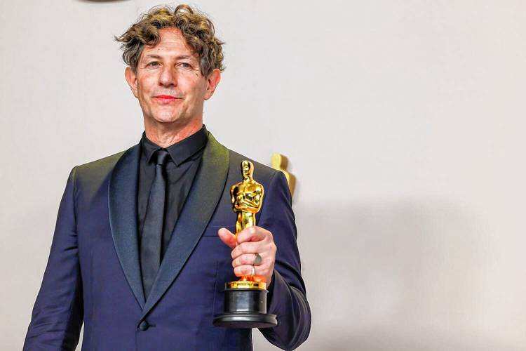 Jonathan Glazer, director of “The Zone of Interest,” holds the Oscar for Best International Feature Film at the Academy Awards in Hollywood in early March.