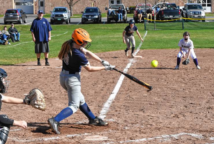 Franklin Tech’s Hannah Gilbert connects with a runner at third base against Blackstone Valley Tech during the Eagles’ 7-3 victory at Nancy Gifford Field in Turners Falls on Tuesday. 