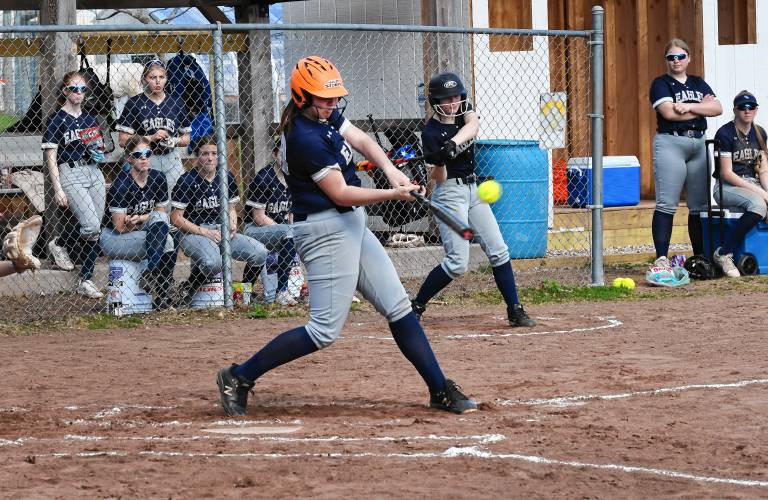 Franklin Tech’s Lilianna Inman smacks a two-run homer over the left fence in the second inning against Blackstone Valley Tech during the Eagles’ 7-3 victory at Nancy Gifford Field in Turners Falls on Tuesday. 