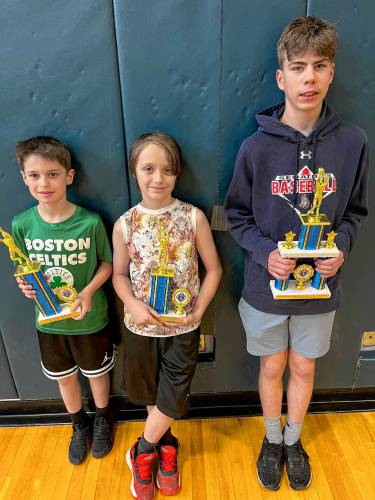 (From left) Austin Lyesuk, 9, who won fourth place, Elijah Smith, 10, who won fifth place, and Clayde Thompson, 14, who won third place in the Knights of Columbus State Free Throw Championship in Holliston.