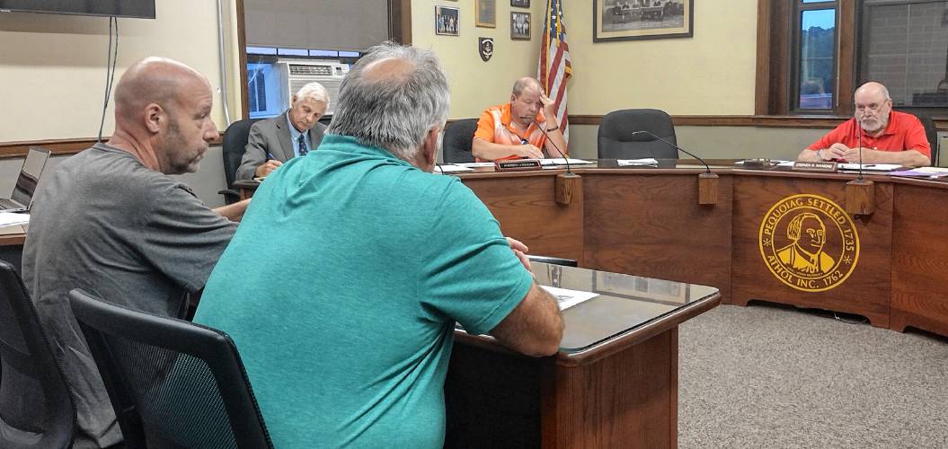 Matt Alden (left) and Building Inspector Bob Legare met with Selectboard Tuesday about efforts to clean up Alden's property at 1756 Main St.