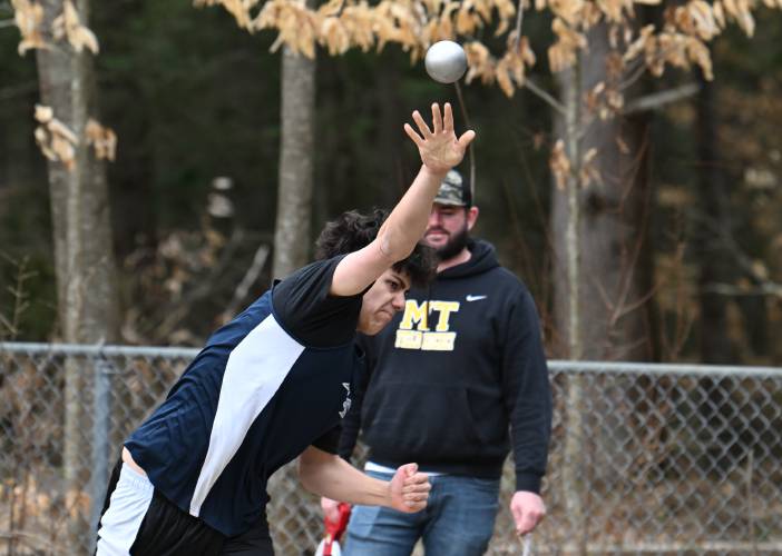 Franklin Tech’s Atlithonatiu Gonzalez Jayne throws the shot put at Mohawk Trail Regional School on Thursday.