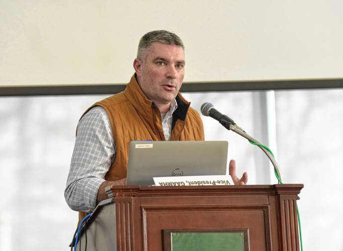 Shawn Hayden, vice president of GAAMHA and co-chair of the Opioid Task Force’s Housing & Workforce Development Committee, speaks at the sixth annual Sober Housing Summit at Greenfield Community College on Friday morning.