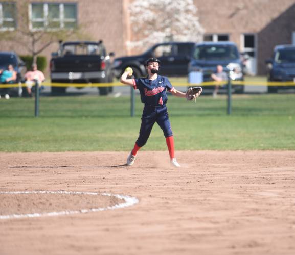 Mahar's Carly Paluk makes the throw from short to first against Franklin Tech on Wednesday in Turners. 