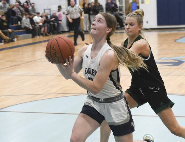 Franklin Tech’s Hannah Gilbert is defended by Greenfield’s Gloria McDonald in Montague earlier this season. Franklin Tech’s Hannah Gilbert is defended by Greenfield’s Gloria McDonald in Montague earlier this season.