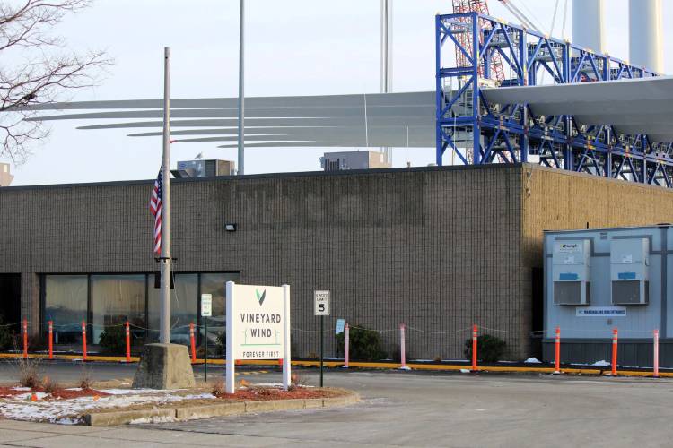 Offshore wind blades tower over Vineyard Wind’s offices in New Bedford on Jan. 23, 2025. Offshore wind blades tower over Vineyard Wind’s offices in New Bedford on Jan. 23, 2025.