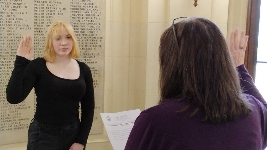 Tori Hagelberg and Stephen Campobasso were recently sworn in as new call firefighters for the Town of Athol. Town Clerk Nancy Burnham administered the oath of office at Town Hall on Tuesday, April 1, in front of the town's Selectboard, other town officials, friends and family.