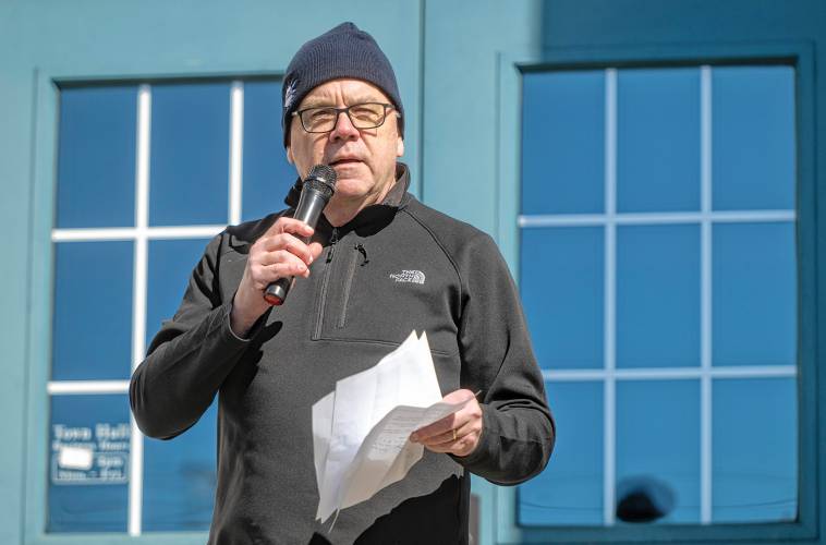 U.S. Rep. Jim McGovern speaks during an “Attack on Small Farms” rally Sunday in front of Hadley Town Hall. Some 300 farmers from throughout the region were protesting proposed cuts and funding freezes involving the U.S. Department of Agriculture.